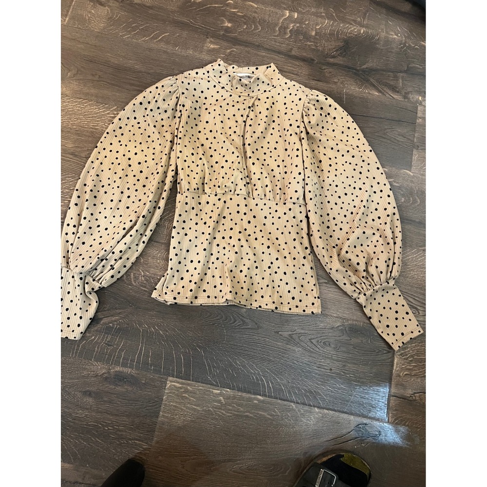 Vine & Love Polka Dot Mock Neck‎ Puff Sleeve Blouse Tan Black Large Ladies